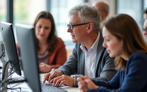 Adult participants in a digital literacy workshop learning computer skills in Dublin